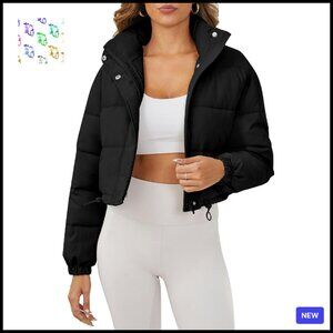 Cropped Puffer Jacket Oversized Quilted Lightweight Stand Collar Drawstring